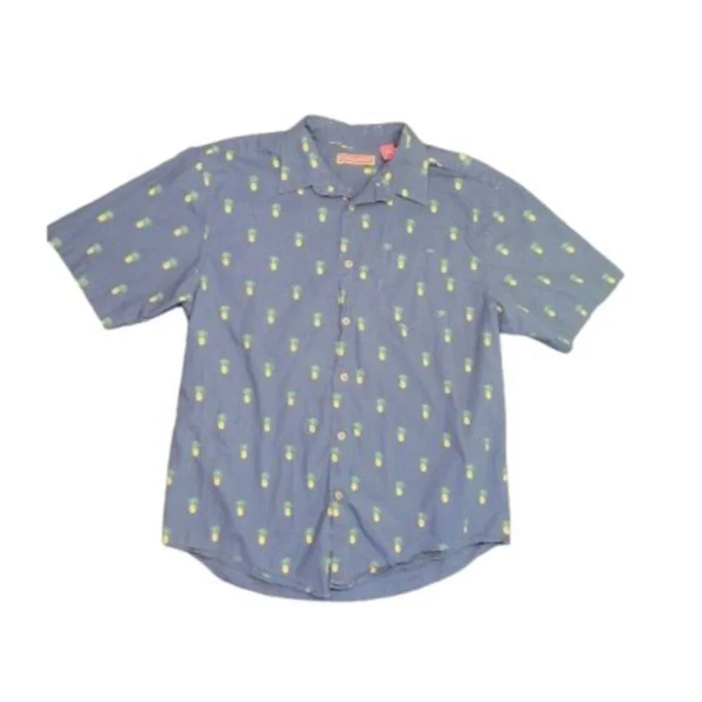 Havenera Shirt Mens M Button Up Short Sleeve Blue Pineapple Print Cotton